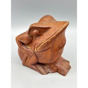 Vintage Hand Carved Wood Frog Figurine Rustic Wooden Toad Sculpture Decor 3.5in